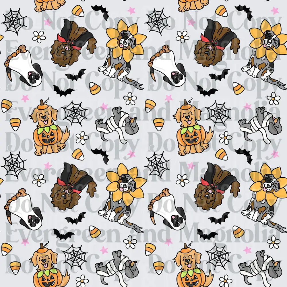 Halloween Dogs in Costumes Seamless Pattern with Bats Candy