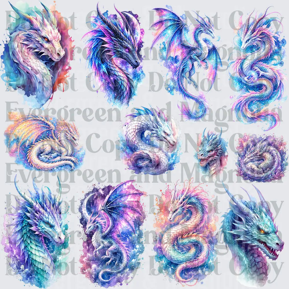 Watercolor Fantasy Dragon Collection Pastel Galaxy Bundle
