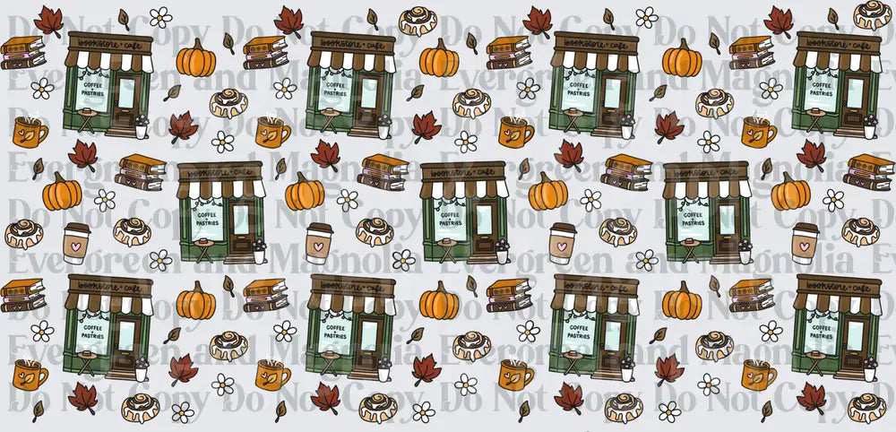 Fall Bookstore Cafe Seamless Pattern Pumpkins Cinnamon Rolls