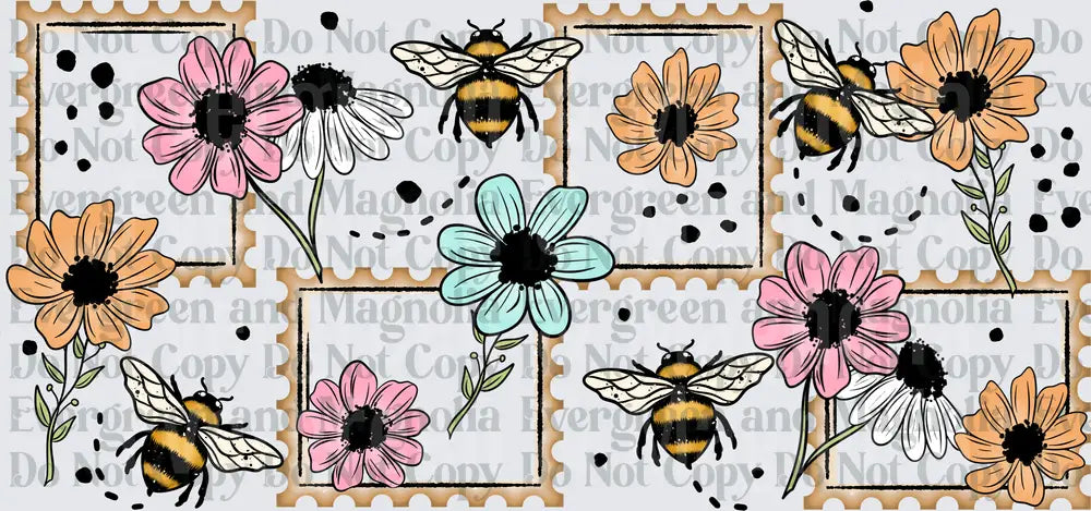 Vintage Postage Stamp Bumblebees and Wildflowers