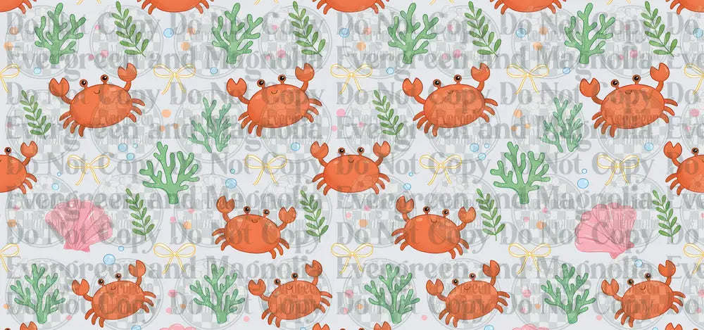 Cute Cartoon Crab Seamless Pattern with Seaweed and Shells