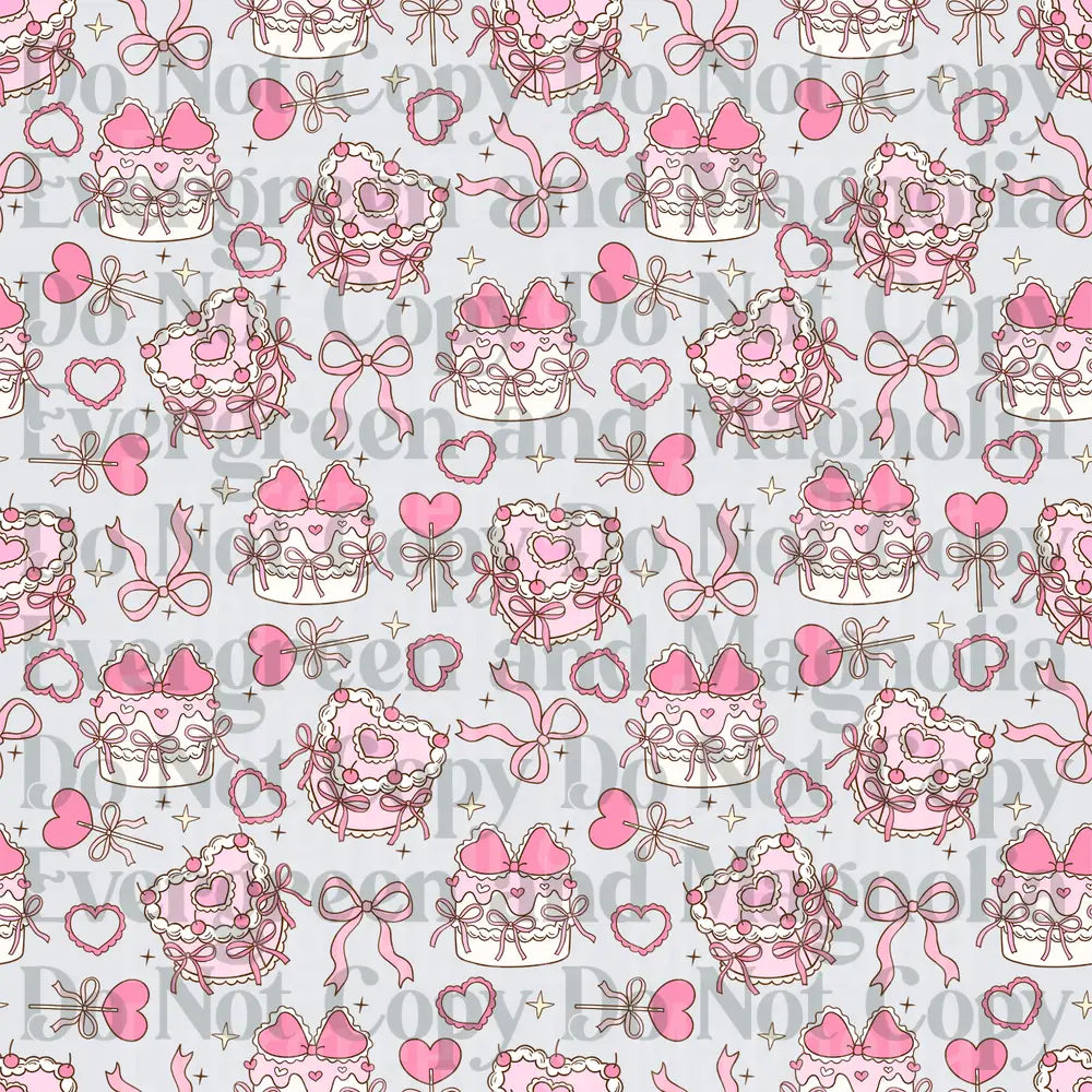 Pink Coquette Valentine Cake Bows Hearts Seamless Pattern