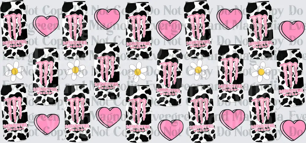 Pink Cow Print Energy Drink Cans Hearts Daisy Pattern