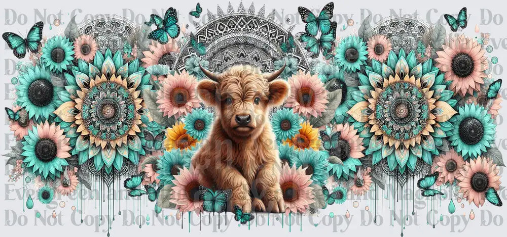 Baby Highland Cow Mandala Sunflowers Turquoise Butterflies