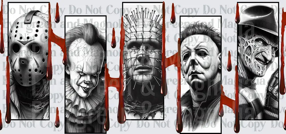 Classic Horror Villains Black and White Blood Drip Panel Art
