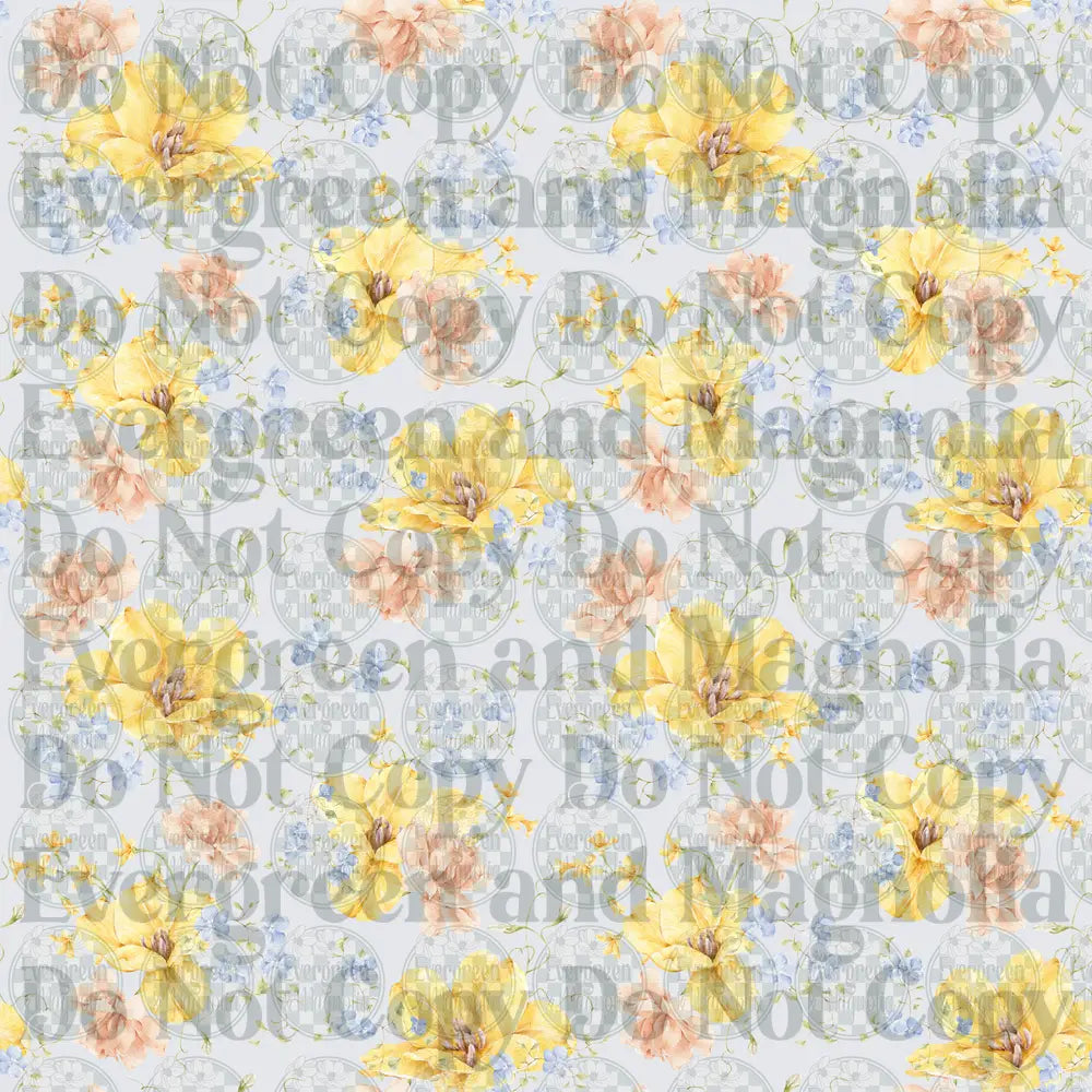 Watercolor Yellow Peach Blue Floral Repeat Pattern