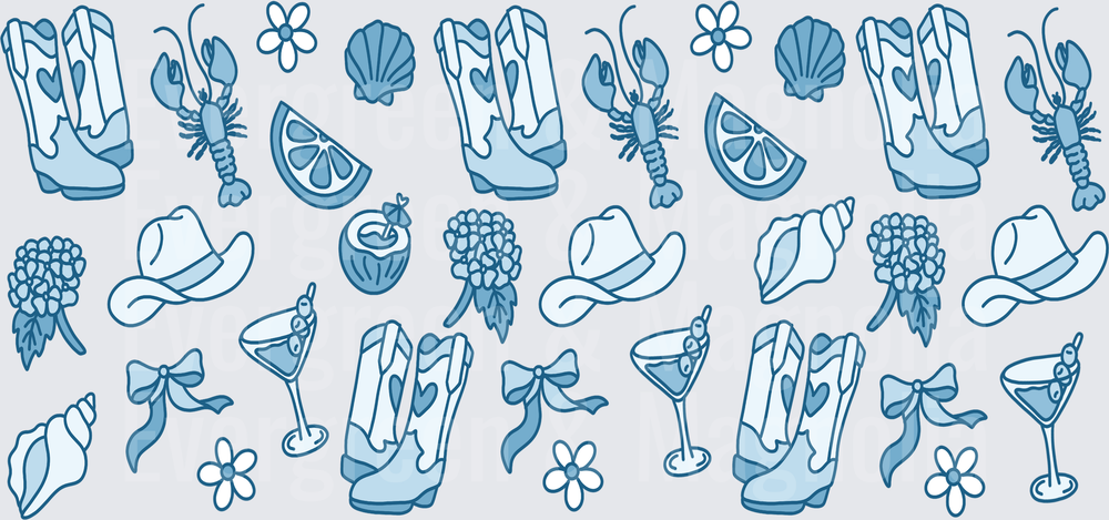 Blue Coastal Cowgirl Pattern Boots Lobster Martini Bow