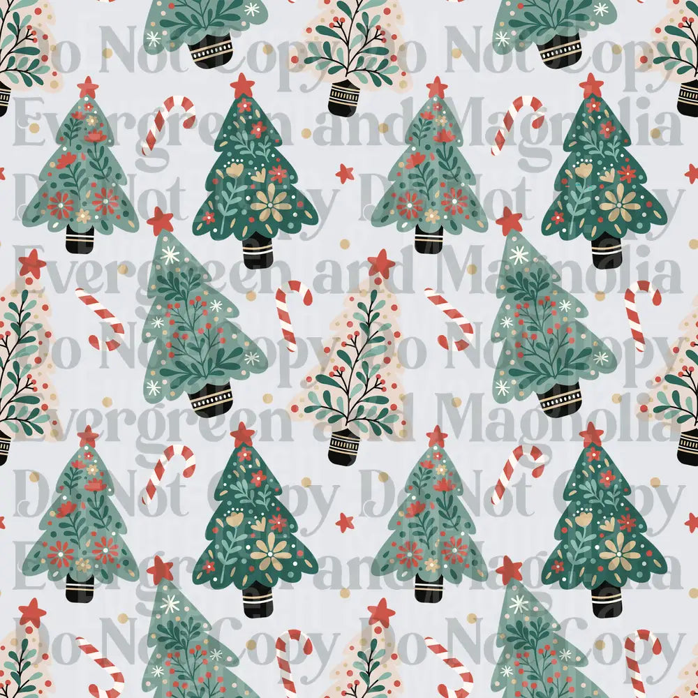 Boho Folk Art Christmas Trees Candy Canes Holiday Pattern