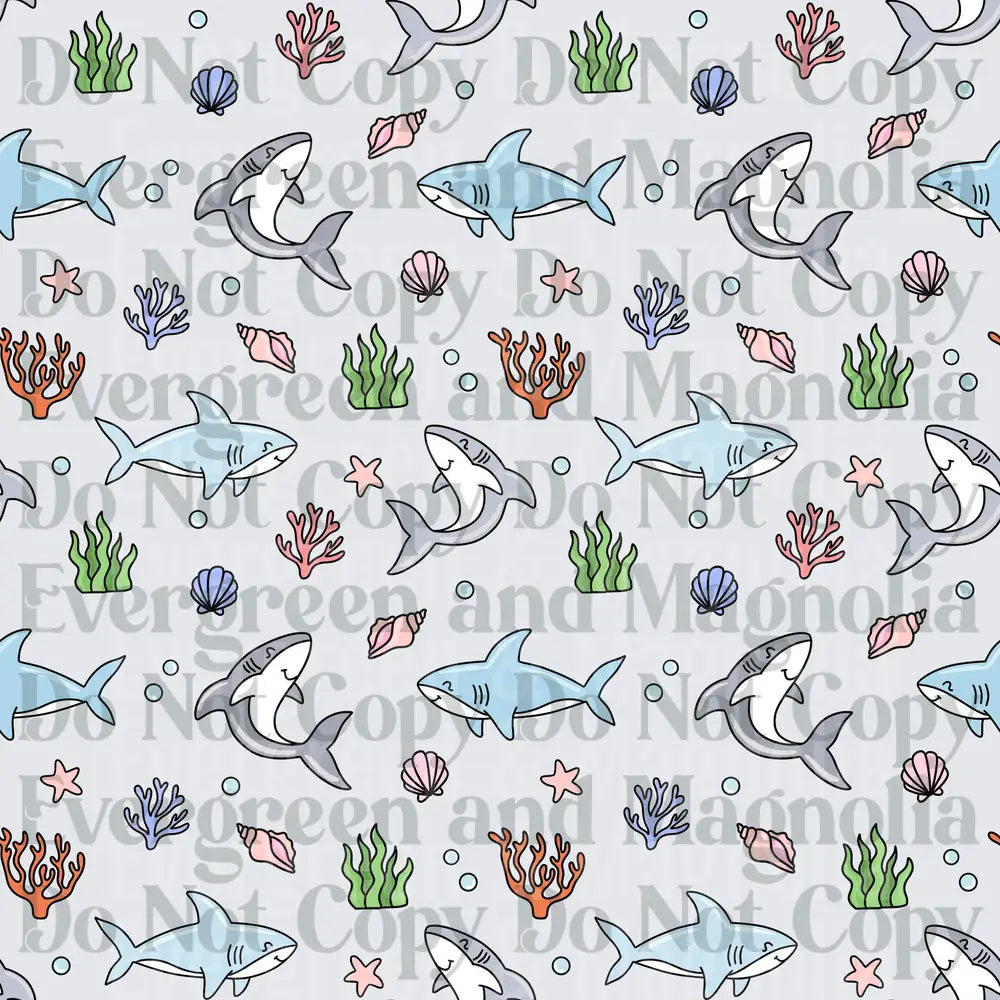 Cute Cartoon Shark Ocean Seamless Pattern Seashells Coral