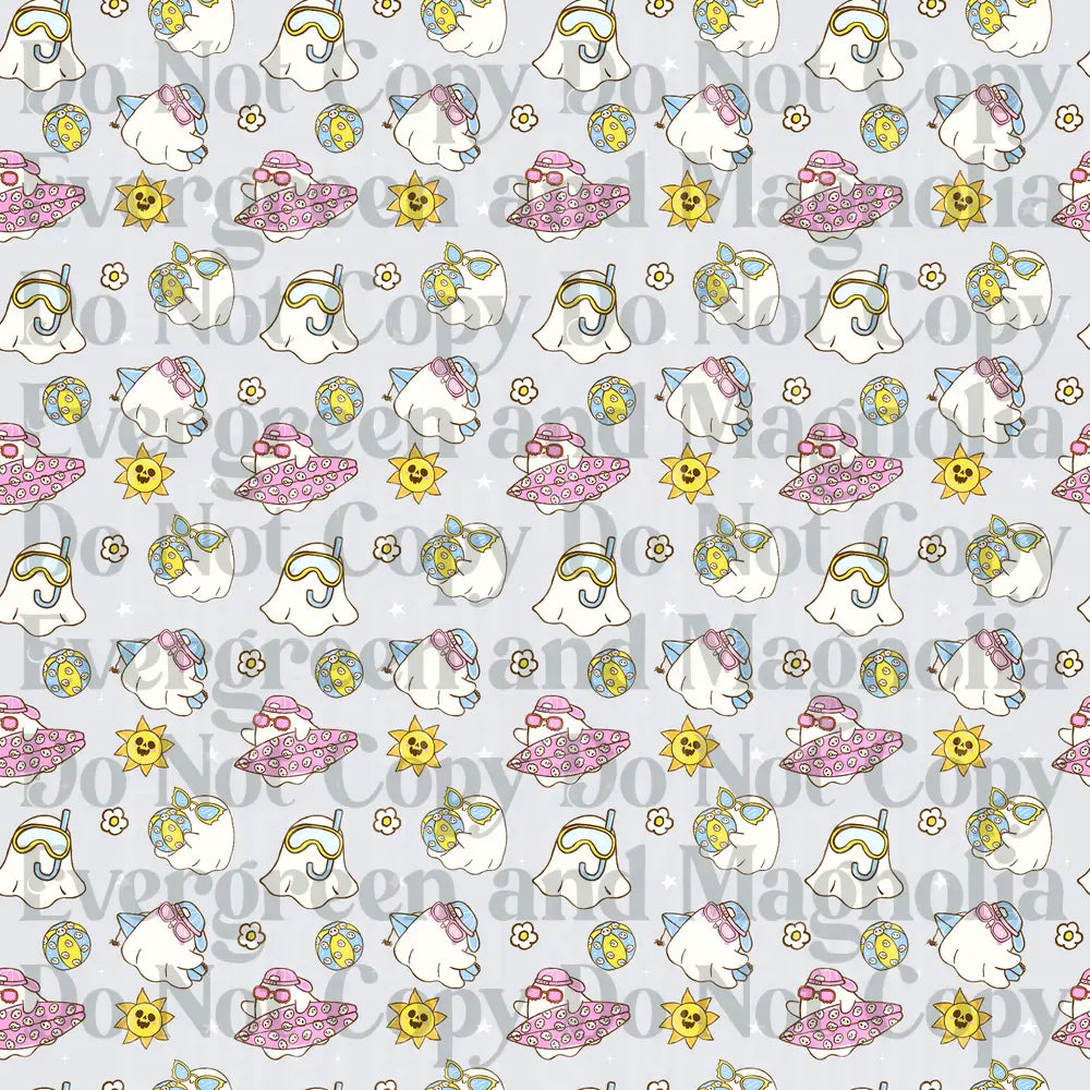 Cute Summer Beach Ghost Pattern Seamless Repeat Design