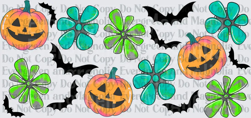Halloween Jack-o-Lanterns Bats and Retro Flowers