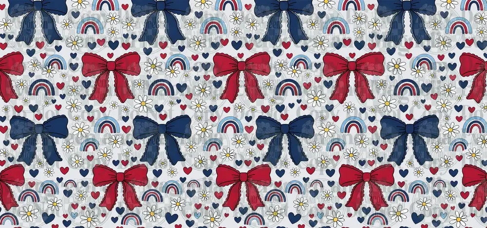 Patriotic Red White Blue Bows Hearts Rainbows Daisy Pattern