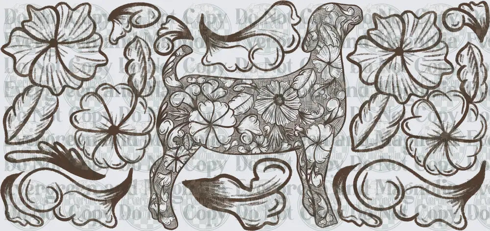 Floral Folk Art Dog Intricate Botanical Line Drawing