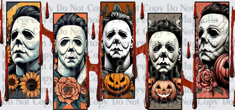 Five Panel Horror Mask Collage with Pumpkins and Flowers