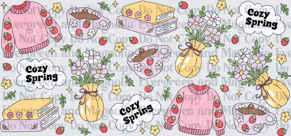 Cozy Spring Strawberry Sweater Books Flowers Mugs