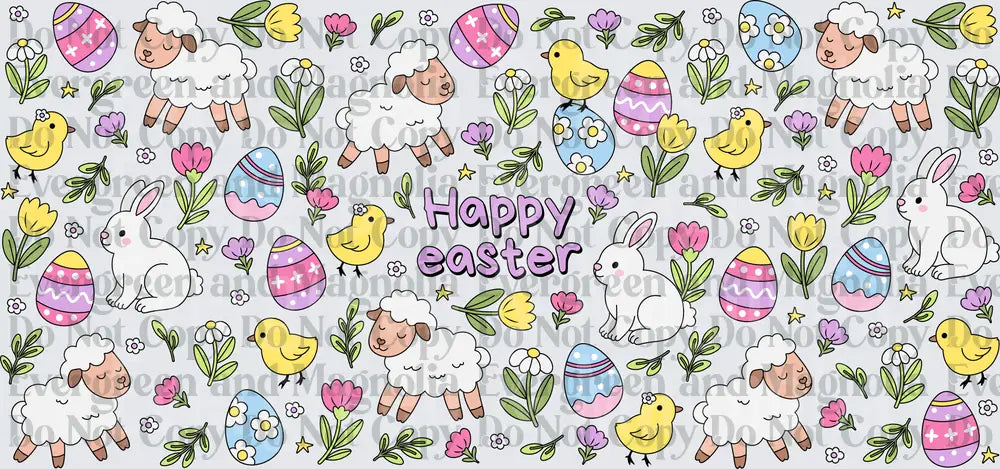 Happy Easter Cute Lambs Bunnies Chicks Floral Eggs Pattern