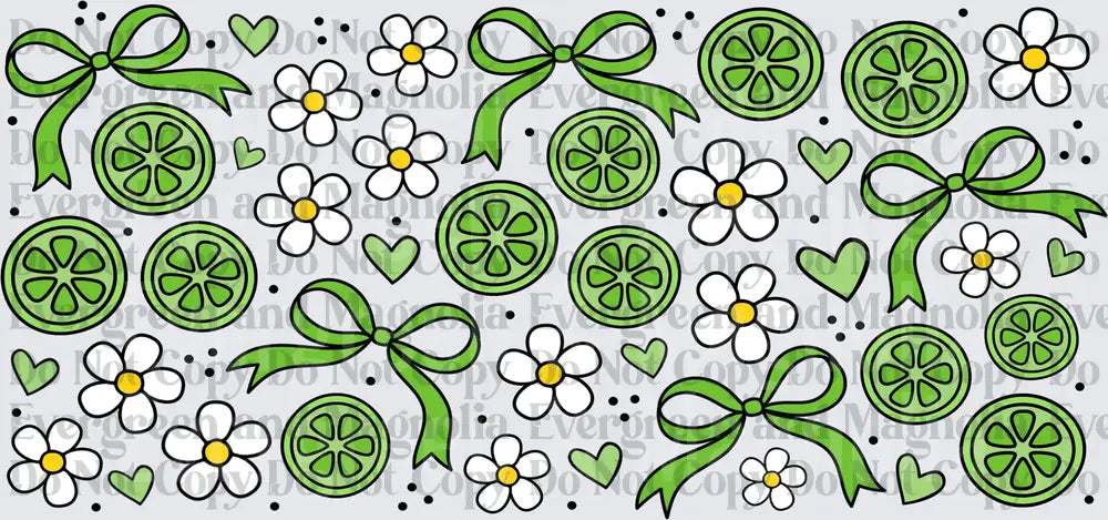 Green Lime Slices Bows Daisies Hearts Pattern