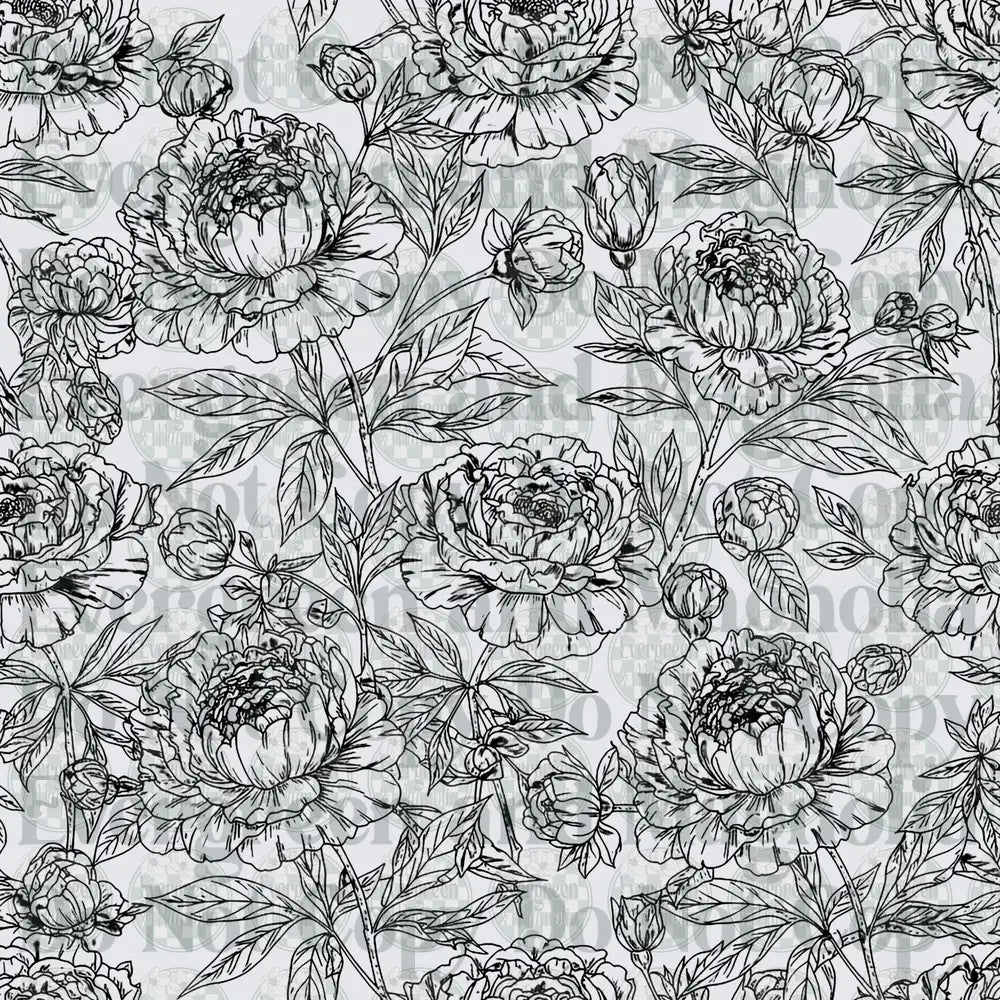 Black and White Peony Floral Botanical Line Art Pattern