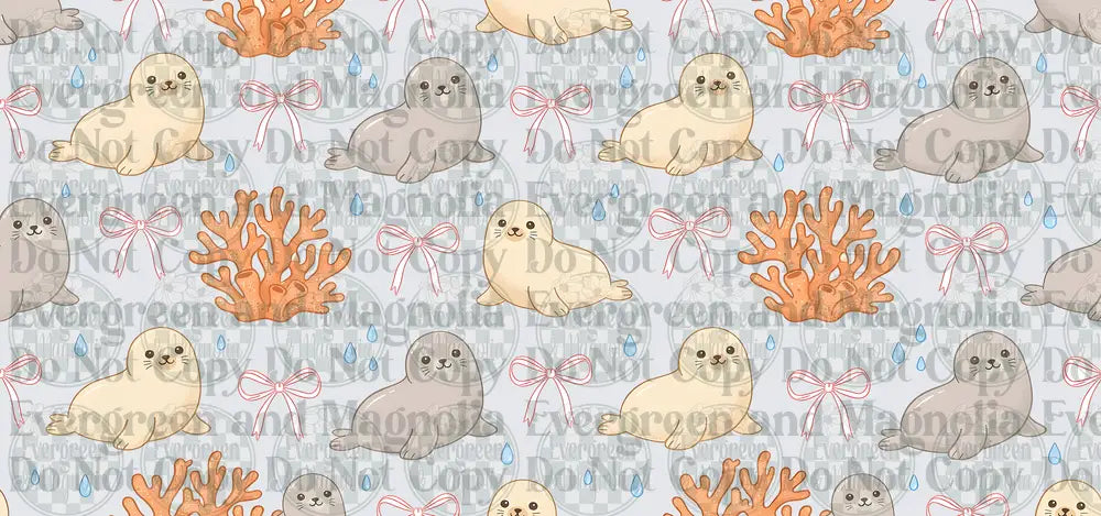 Cute Baby Seal Pup Pattern With Coral Bows and Raindrops