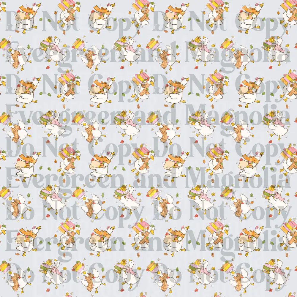 Cozy Geese Carrying Books Autumn Leaves Repeat Pattern