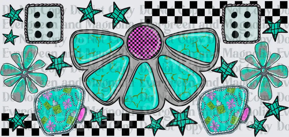 Turquoise Western Flower Charm Y2K Checkered Dice Stars