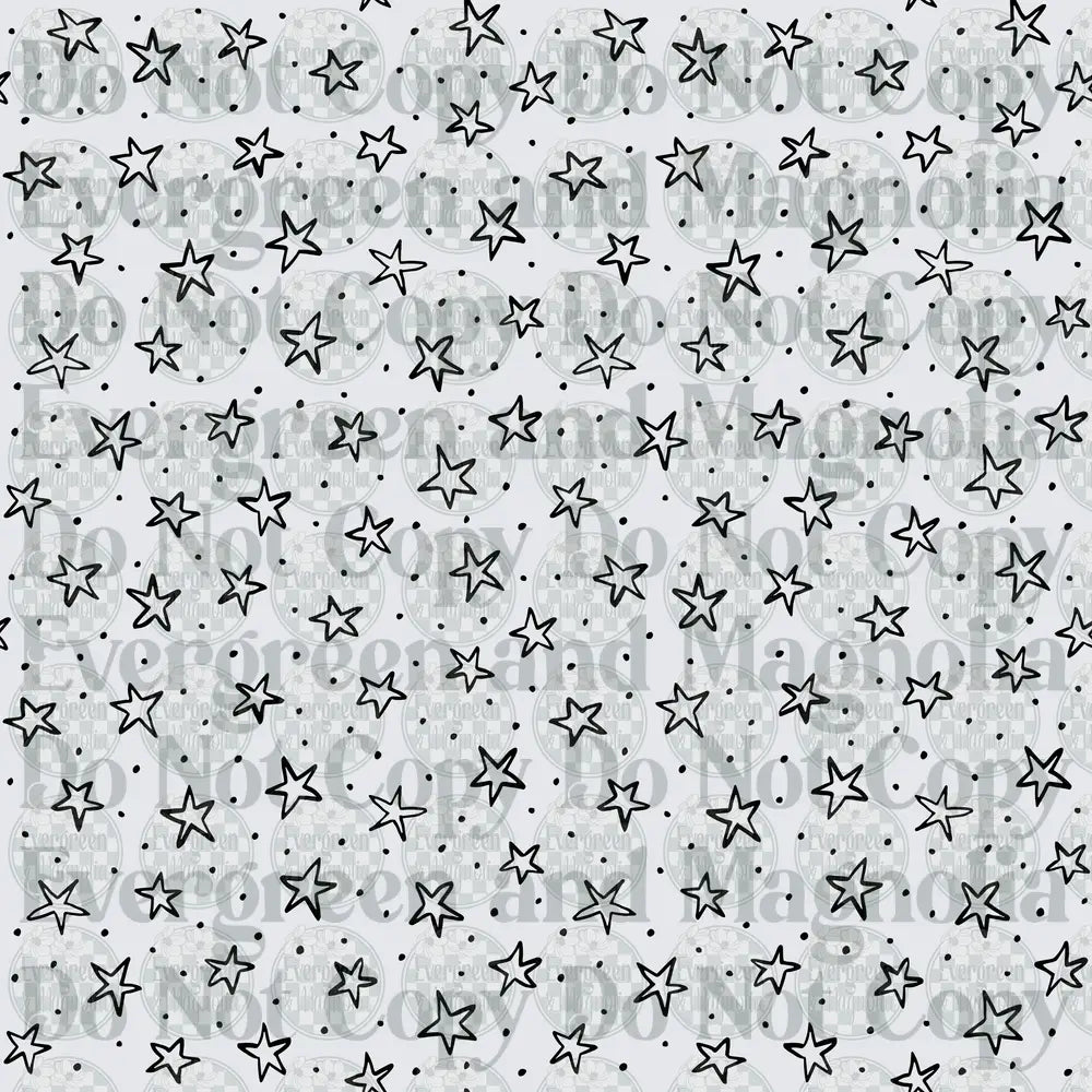 Black and White Hand-Drawn Stars and Dots Scatter Pattern
