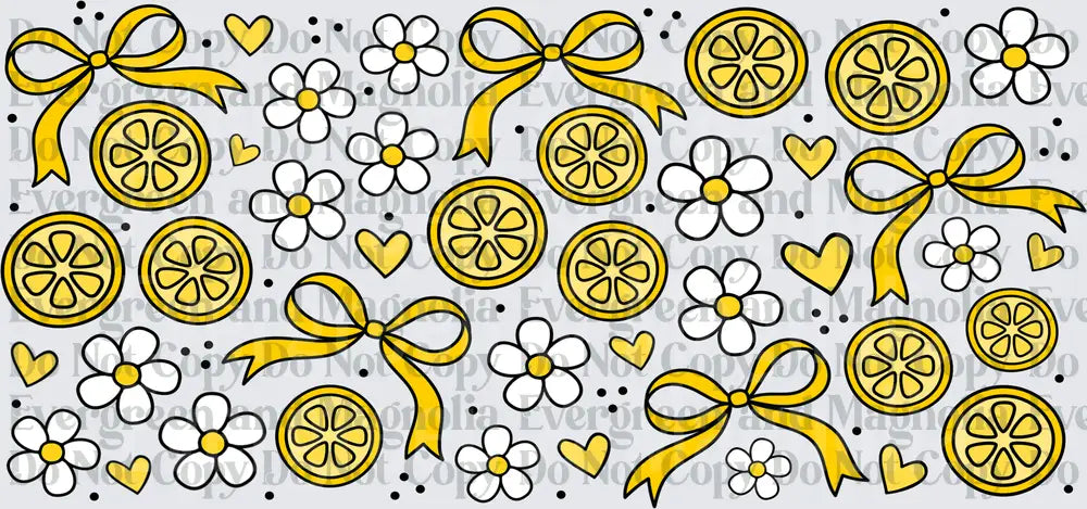 Yellow Lemon Slices Bows Daisies Hearts Pattern
