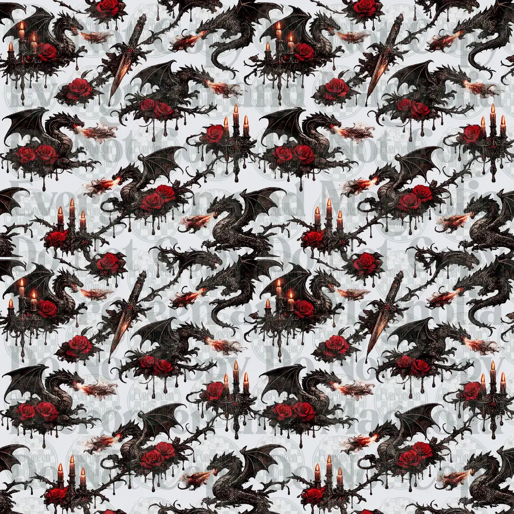 Gothic Dragon Red Rose Candelabra Dark Fantasy Pattern