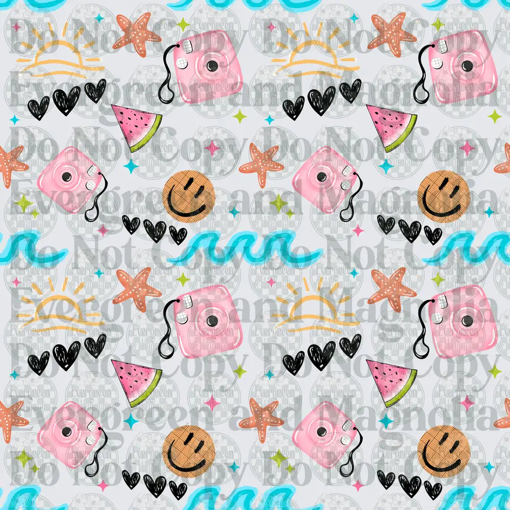 Summer Beach Doodle Pattern Pink Camera Watermelon Waves