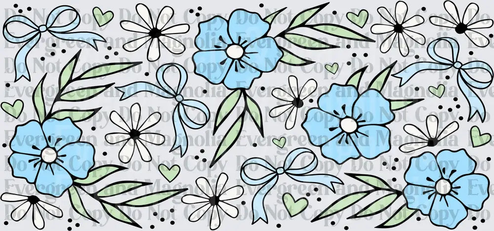 Blue Floral Daisy Bow Hearts Scatter Pattern