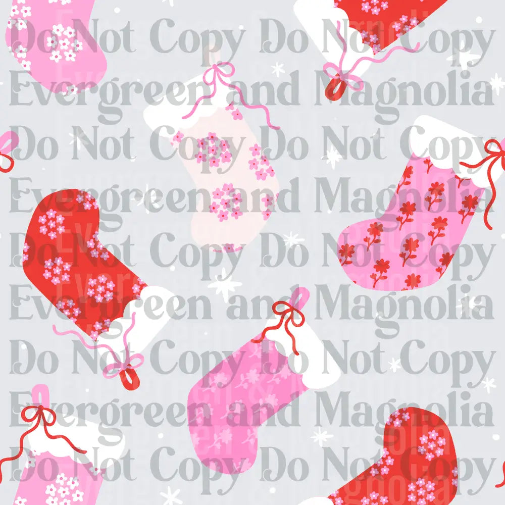 Pink Red Floral Christmas Stockings Pattern with Bows