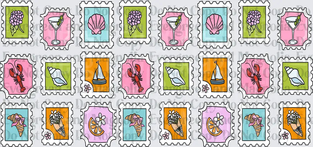 Coastal Postage Stamp Pattern Lobster Sailboat Seashell
