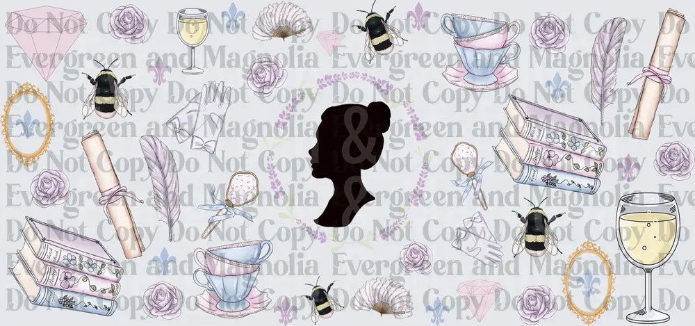 Regency Era Lady Silhouette Floral Tea Party Elements