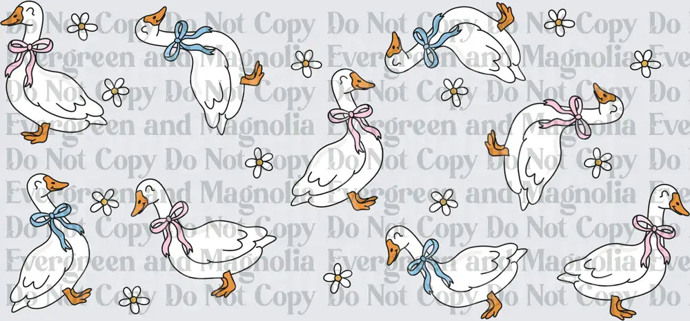 Cute White Geese with Pink and Blue Bows and Daisies Pattern