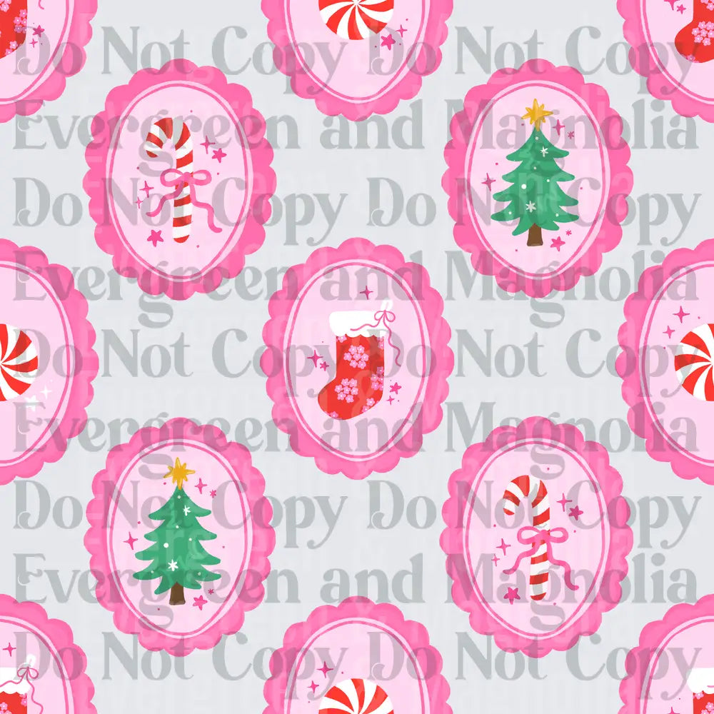 Pink Scallop Oval Christmas Icons Pattern Candy Cane Tree