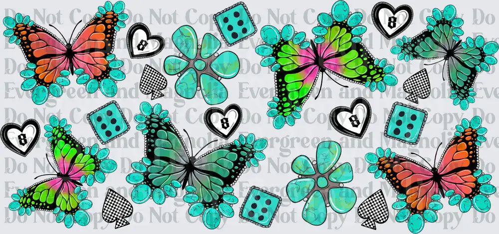 Turquoise Butterfly Floral Dice Card Suit Scattered Pattern
