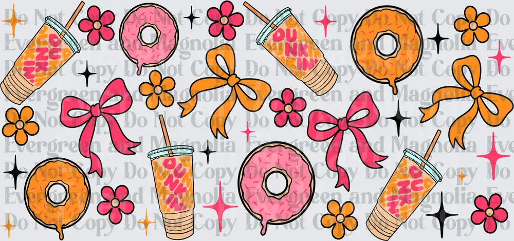 Pink Orange Donut Coffee Cup Bows Flowers Sparkles Pattern