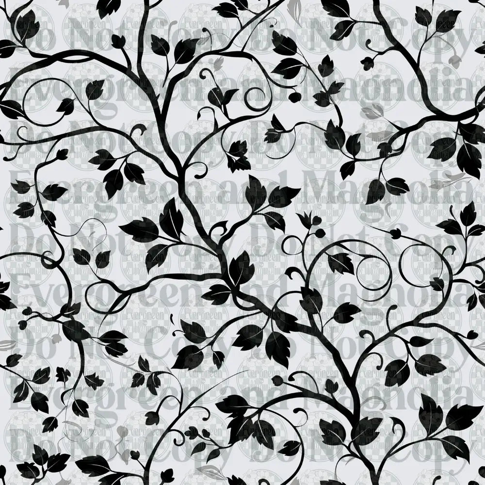 Black and White Swirling Vines and Leaves Seamless Pattern