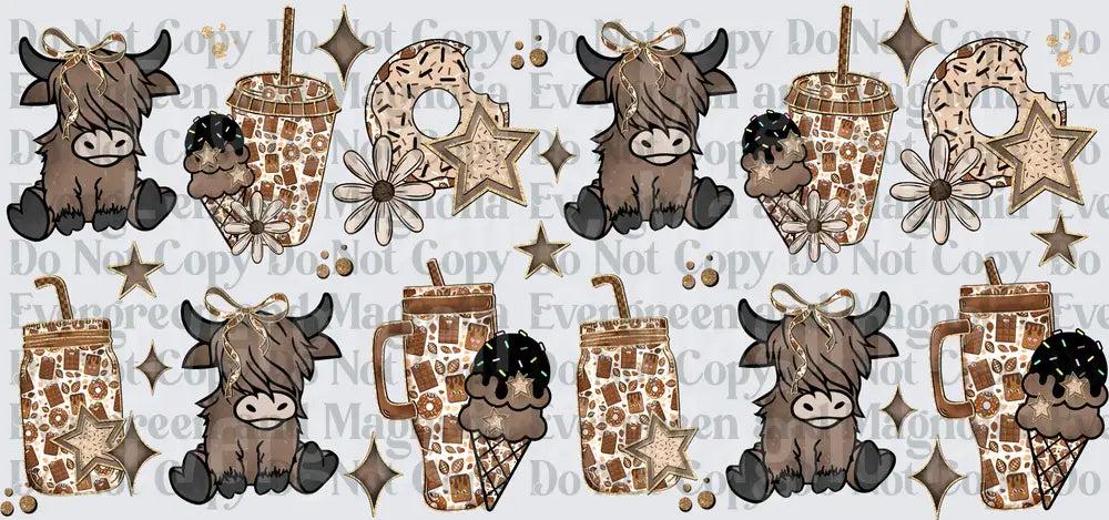 Cute Highland Cow Coffee Cup Donut Ice Cream Pattern