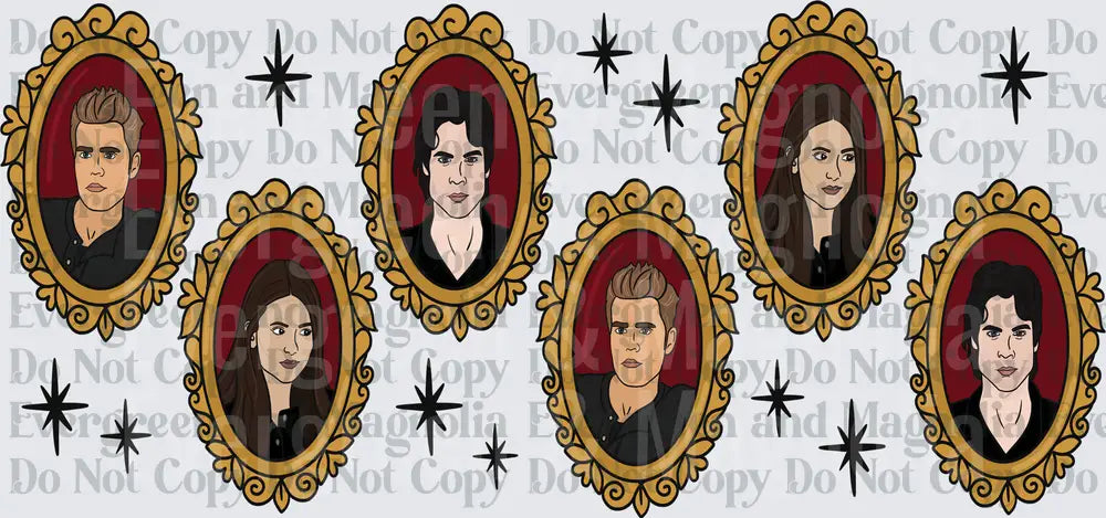 Vampire Characters Ornate Gold Portrait Frames Illustration