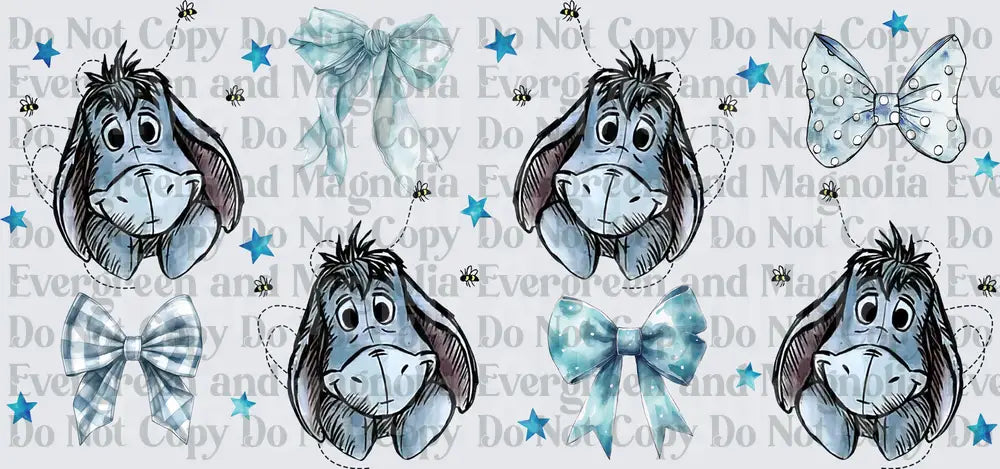 Sad Blue Donkey Faces with Bows and Stars Pattern