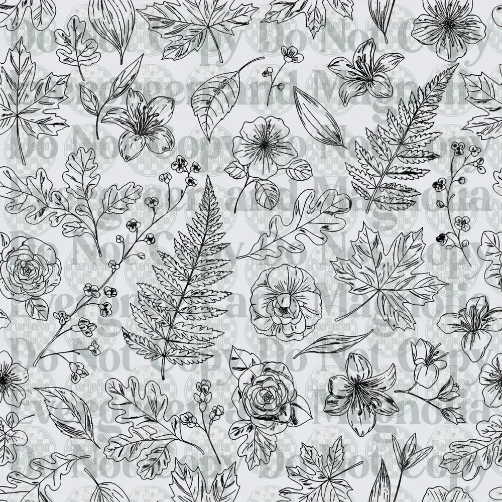 Black and White Botanical Floral Leaf Line Art Pattern