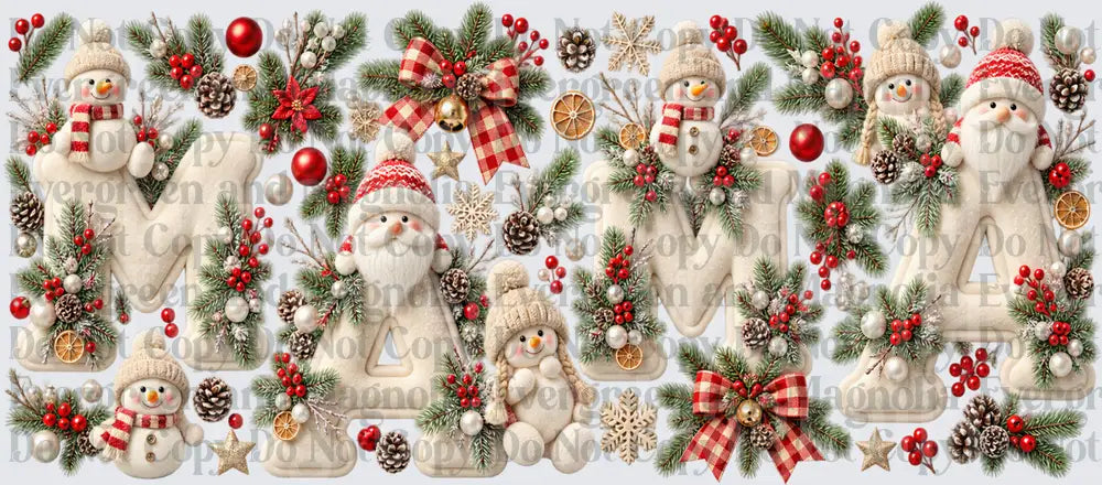 Christmas MAMA Letters Snowmen Santa Holly Pine Cones