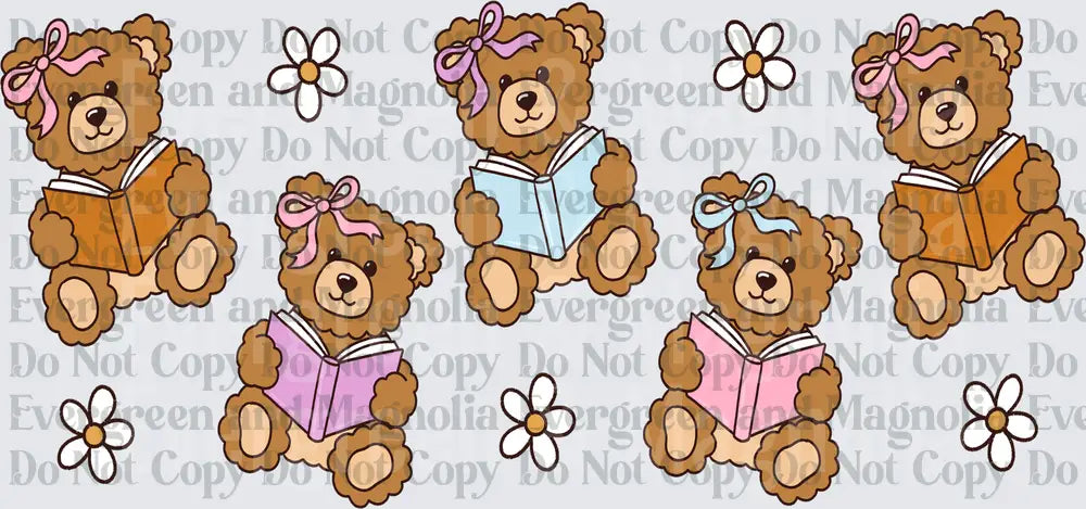 Cute Teddy Bears Reading Books with Bows and Daisies