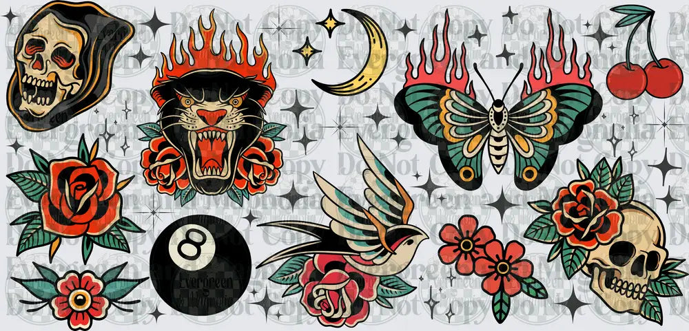 Traditional Tattoo Flash Sheet Skulls Roses Panther 8-Ball