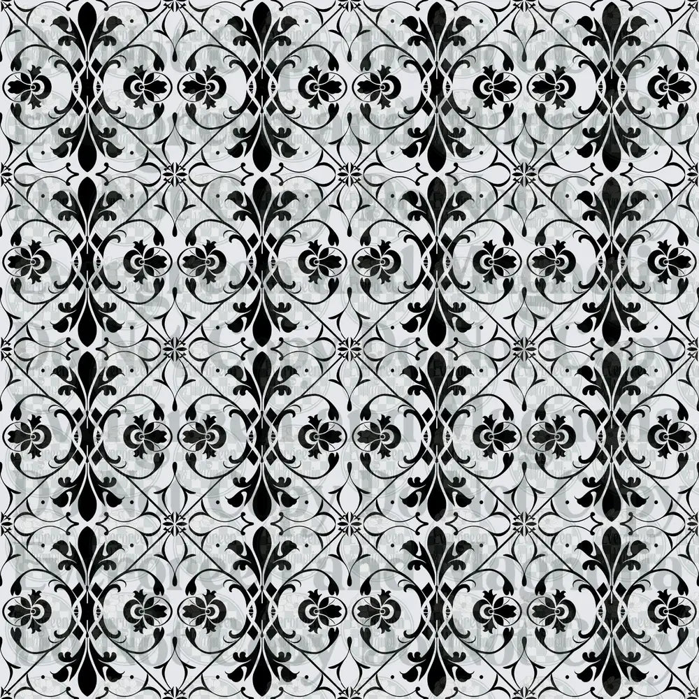 Black White Baroque Damask Floral Tile Repeat Pattern