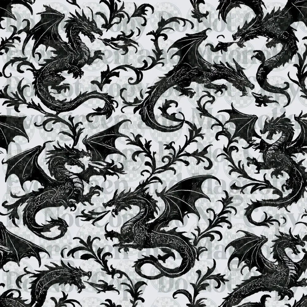 Black and White Medieval Dragons Floral Scroll Pattern