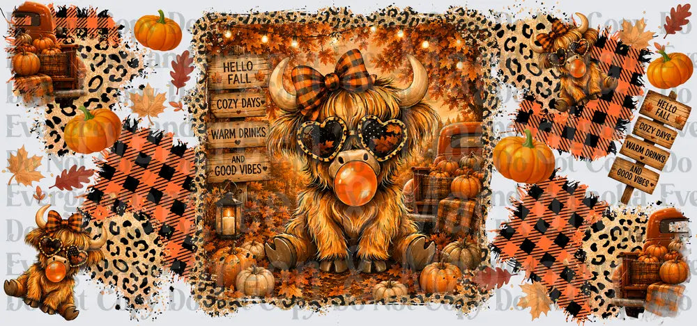 Hello Fall Highland Cow Bubblegum Pumpkin Leopard Plaid