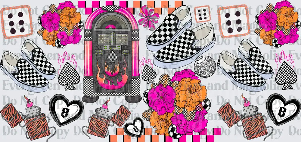 Retro Punk Jukebox Checkerboard Sneakers Floral Collage