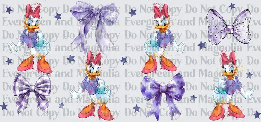 Watercolor Female Duck Character with Purple Bows and Stars